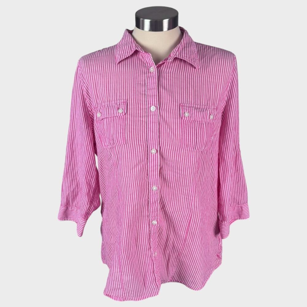 American Eagle Favorite Shirt Size 14 Pink Stripe Button Front 3/4 Sleeve